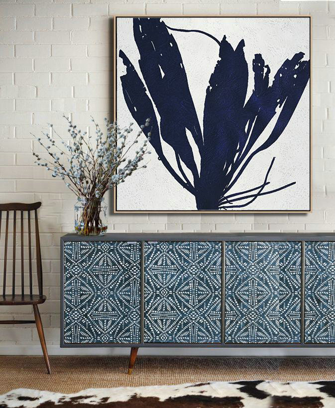 Large Canvas Wall Art For Sale,Minimalist Navy Blue And White Painting,Original Art Acrylic Painting